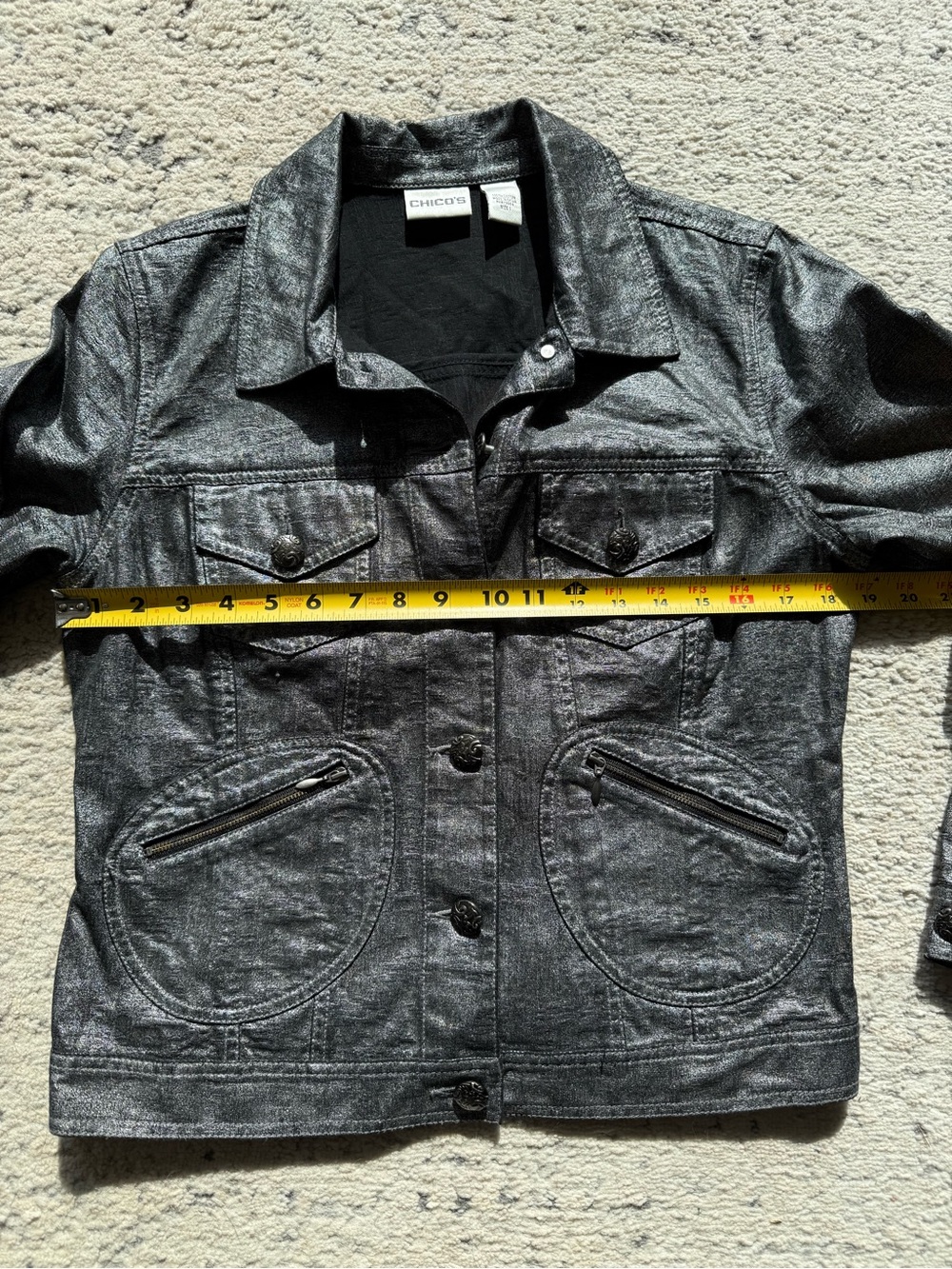 Chicos-Like New Woman’s Chic Metallic Gunmetal Button Up Jacket Size 1 (Medium) - Picture 9 of 11